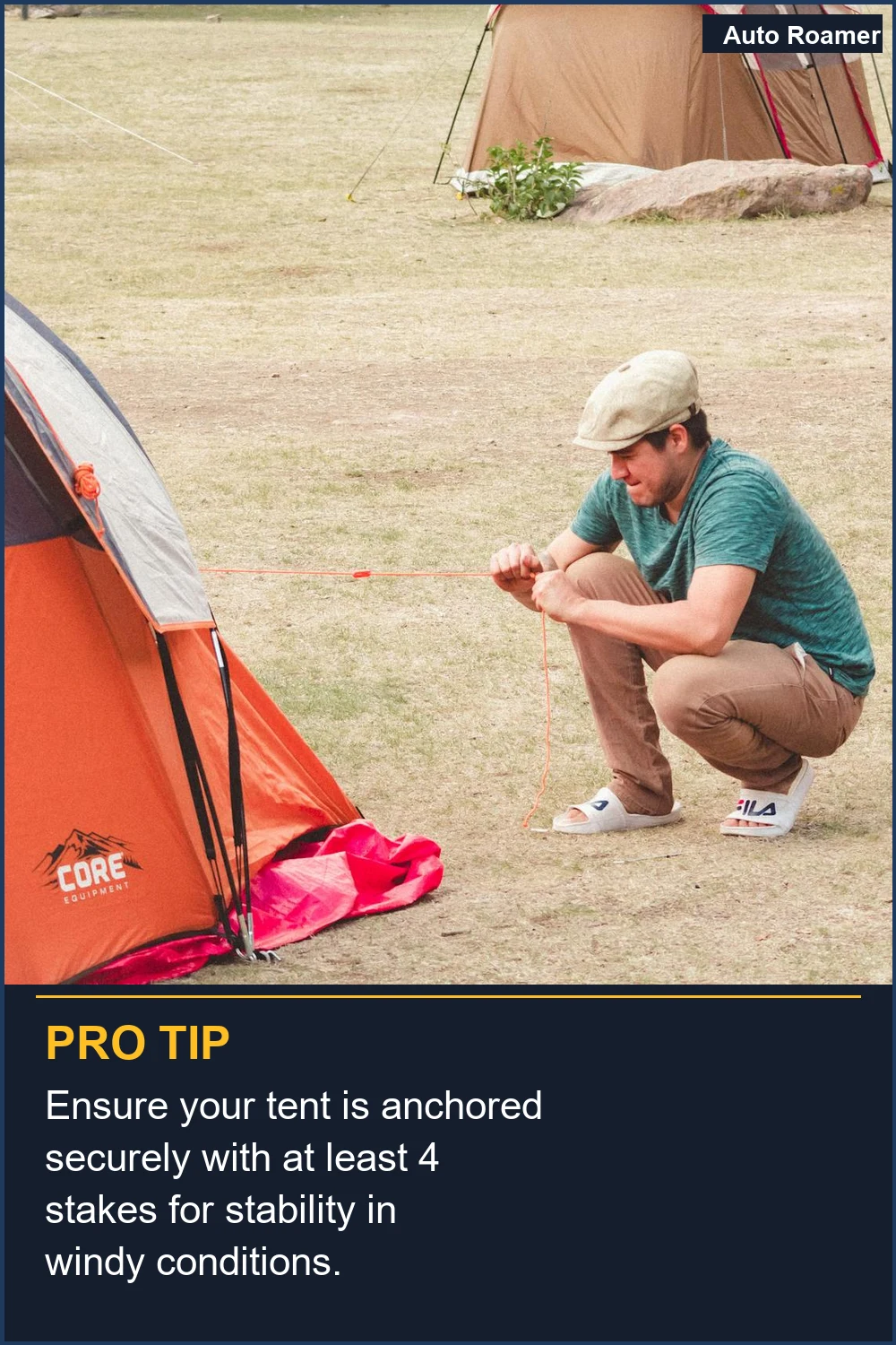 Ensure your tent is anchored securely with at least 4 stakes for stability in windy conditions.