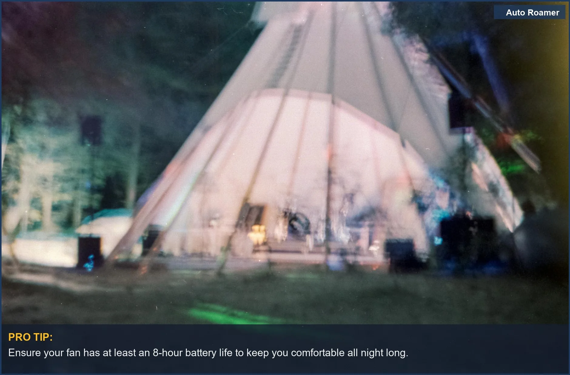Artistic view of a glowing car camping tent at night, essential for the best car camping fan for sleeping.
