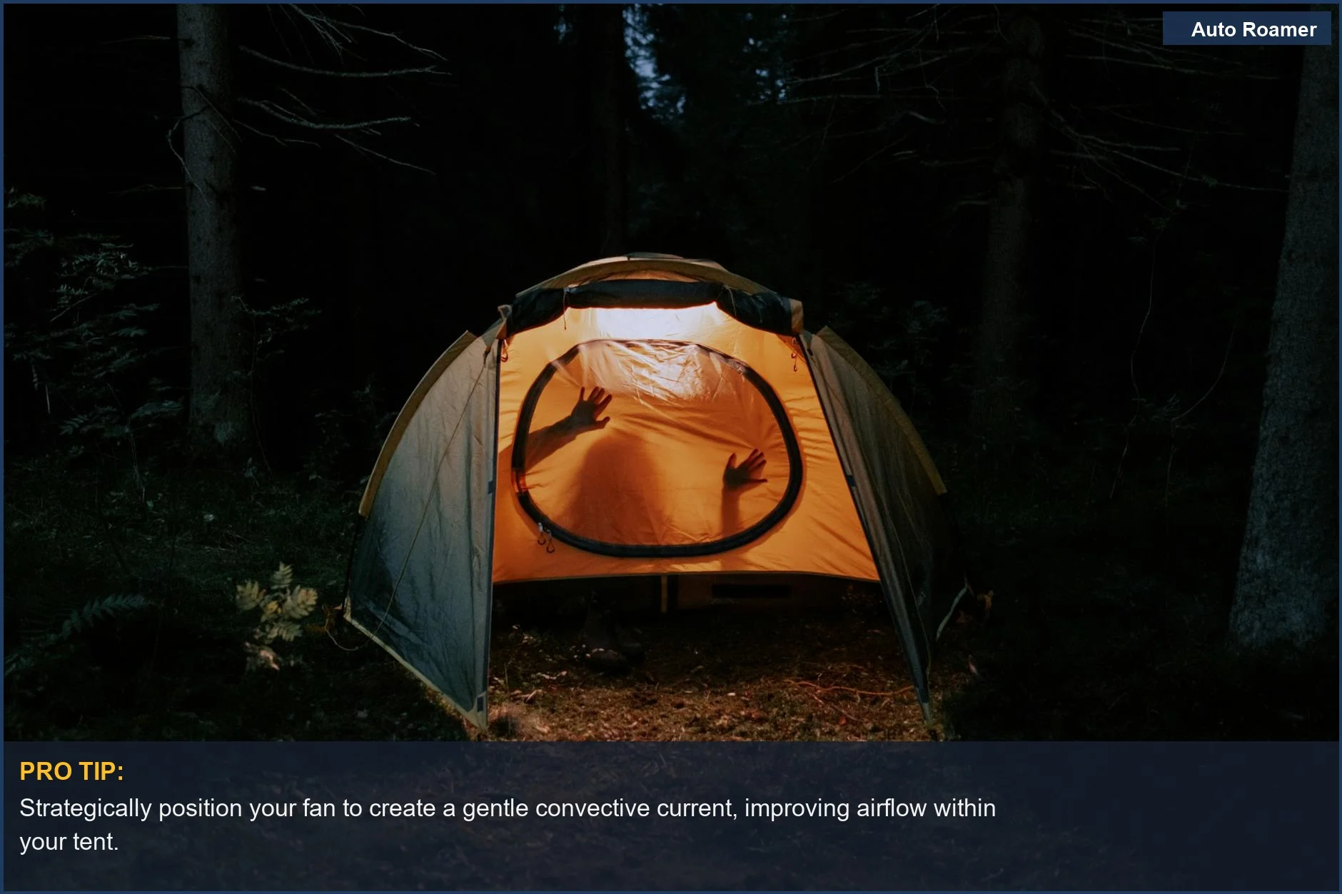 Silhouette inside an illuminated tent in a dark forest, crucial for the best car camping fan for sleeping.