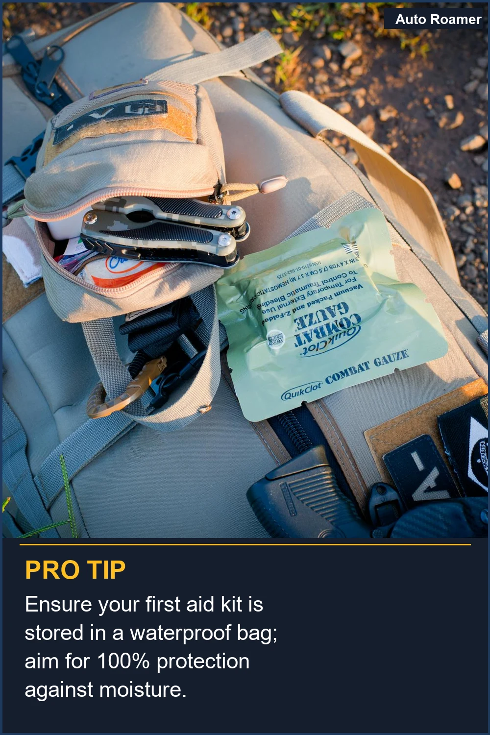 Ensure your first aid kit is stored in a waterproof bag; aim for 100% protection against moisture.
