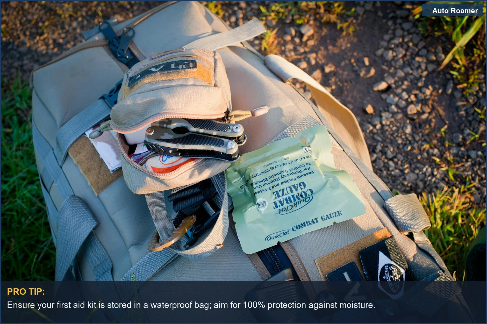 Backpack and a readily accessible car camping first aid kit, highlighting preparedness for outdoor excursions.