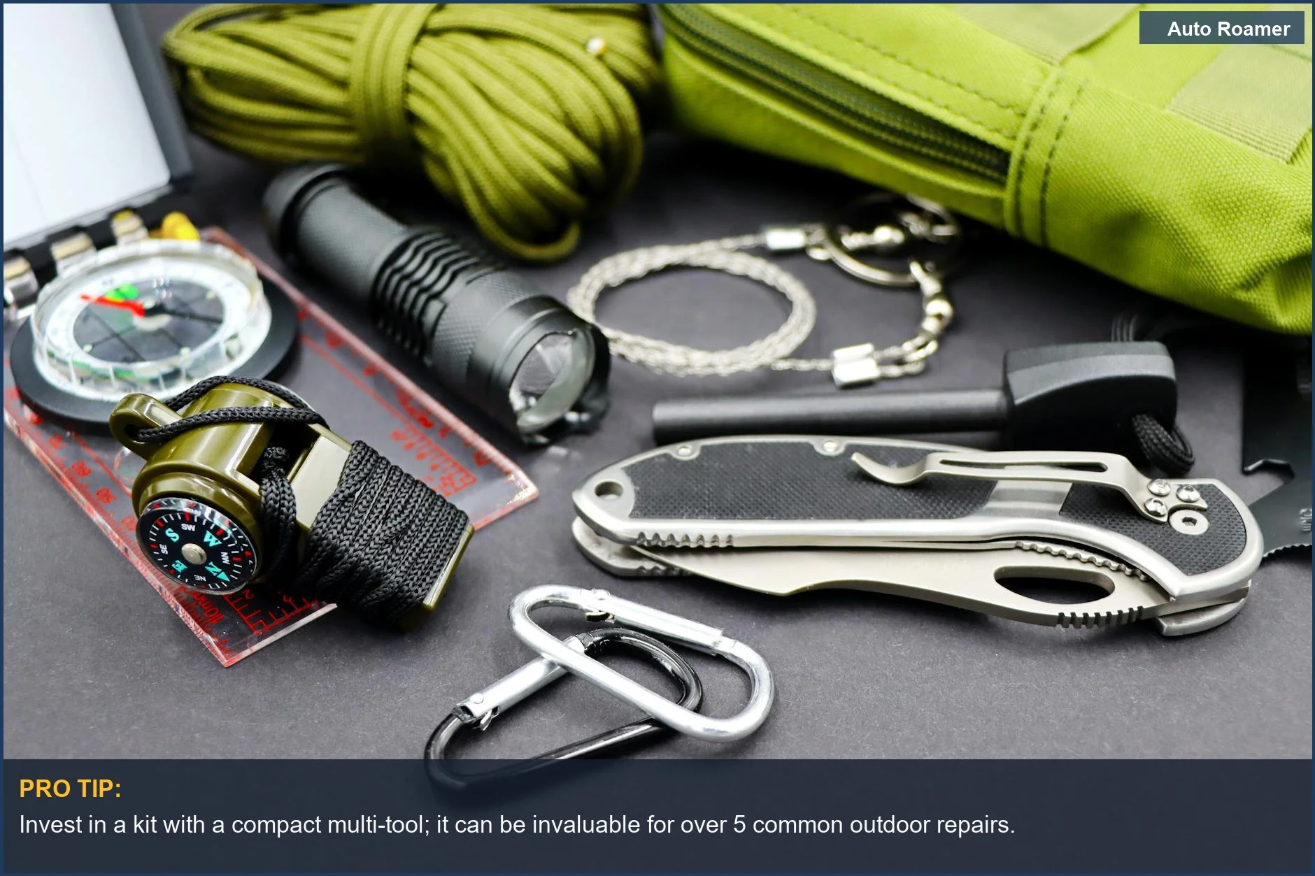 Flat lay of tactical survival tools and a compact first aid kit for outdoor adventures and car camping preparedness.