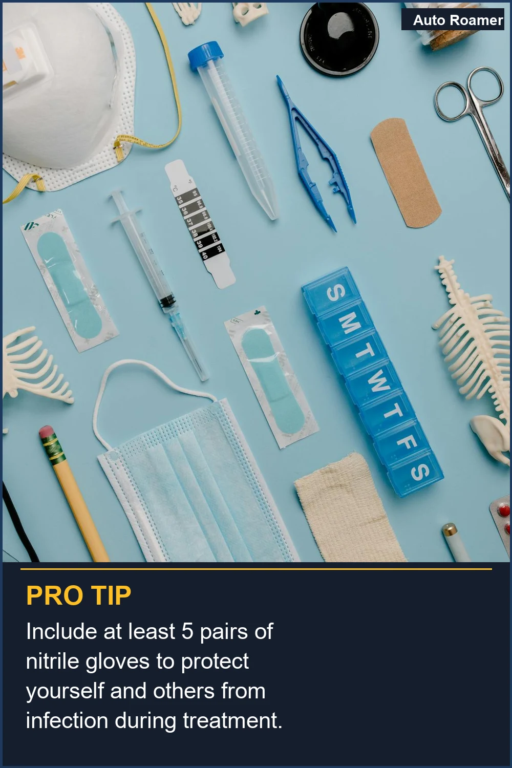 Include at least 5 pairs of nitrile gloves to protect yourself and others from infection during treatment.