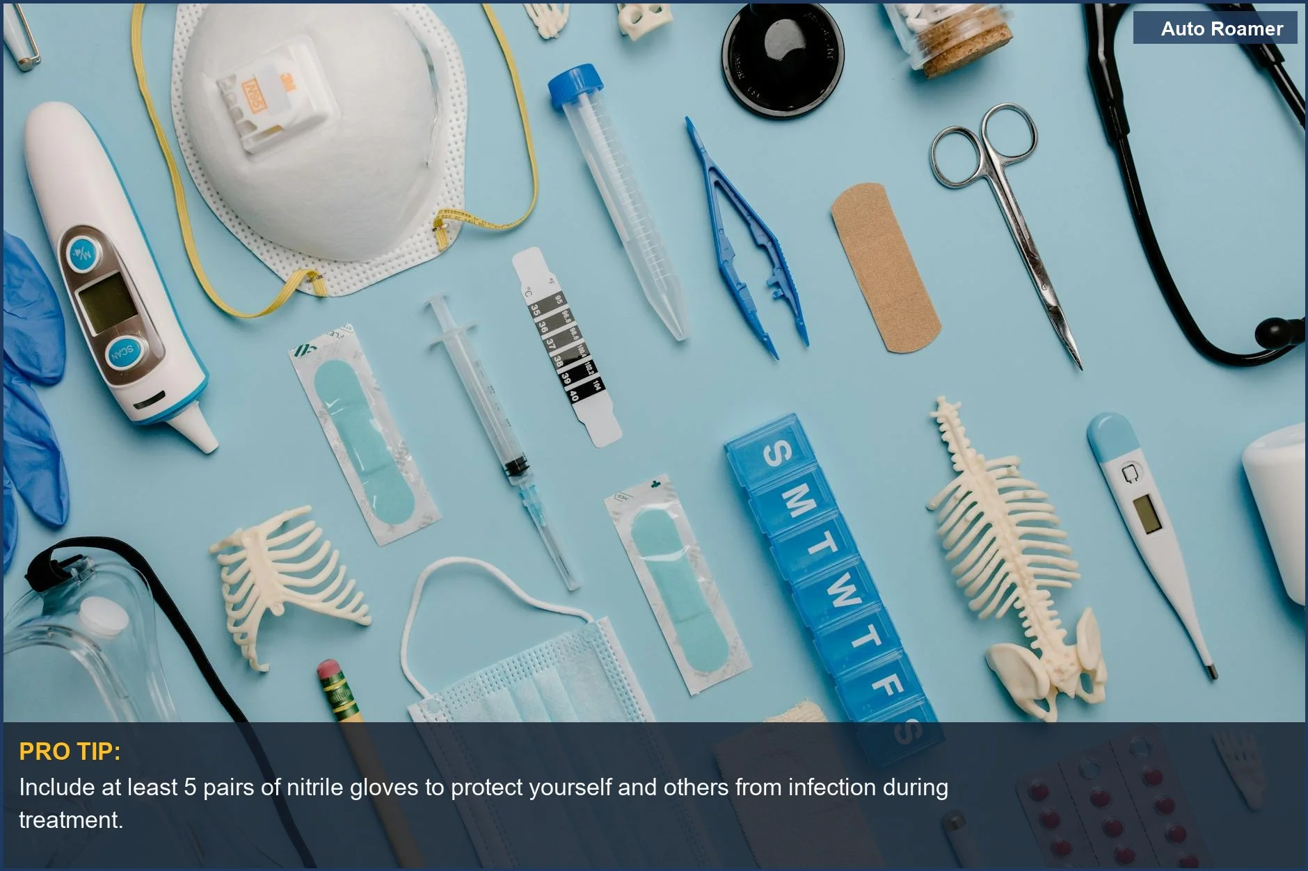 Comprehensive car camping first aid kit supplies including gloves, antiseptic wipes, and diagnostic tools on a blue background.