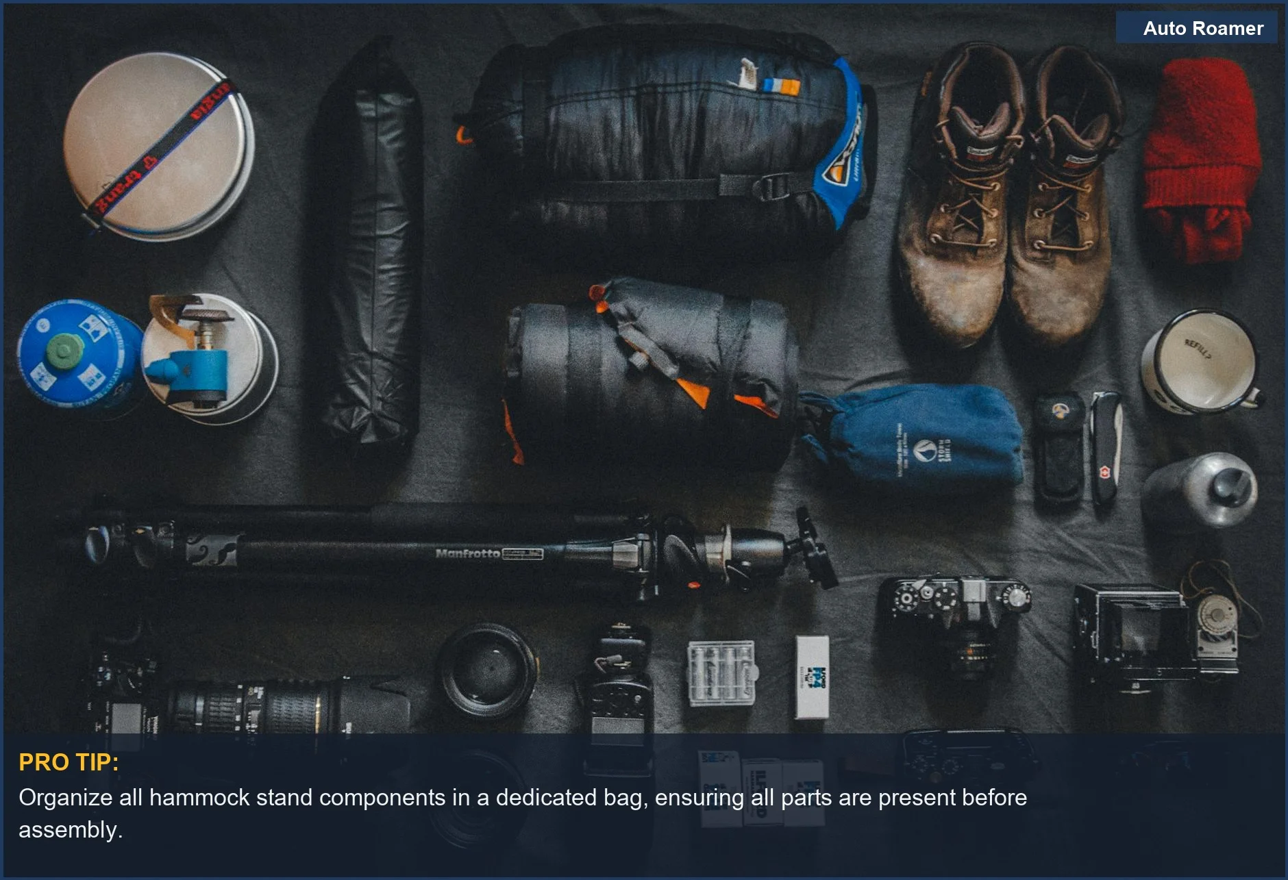 Neatly organized flat lay of outdoor camping and photography equipment, illustrating the portability of a car camping hammock stand.