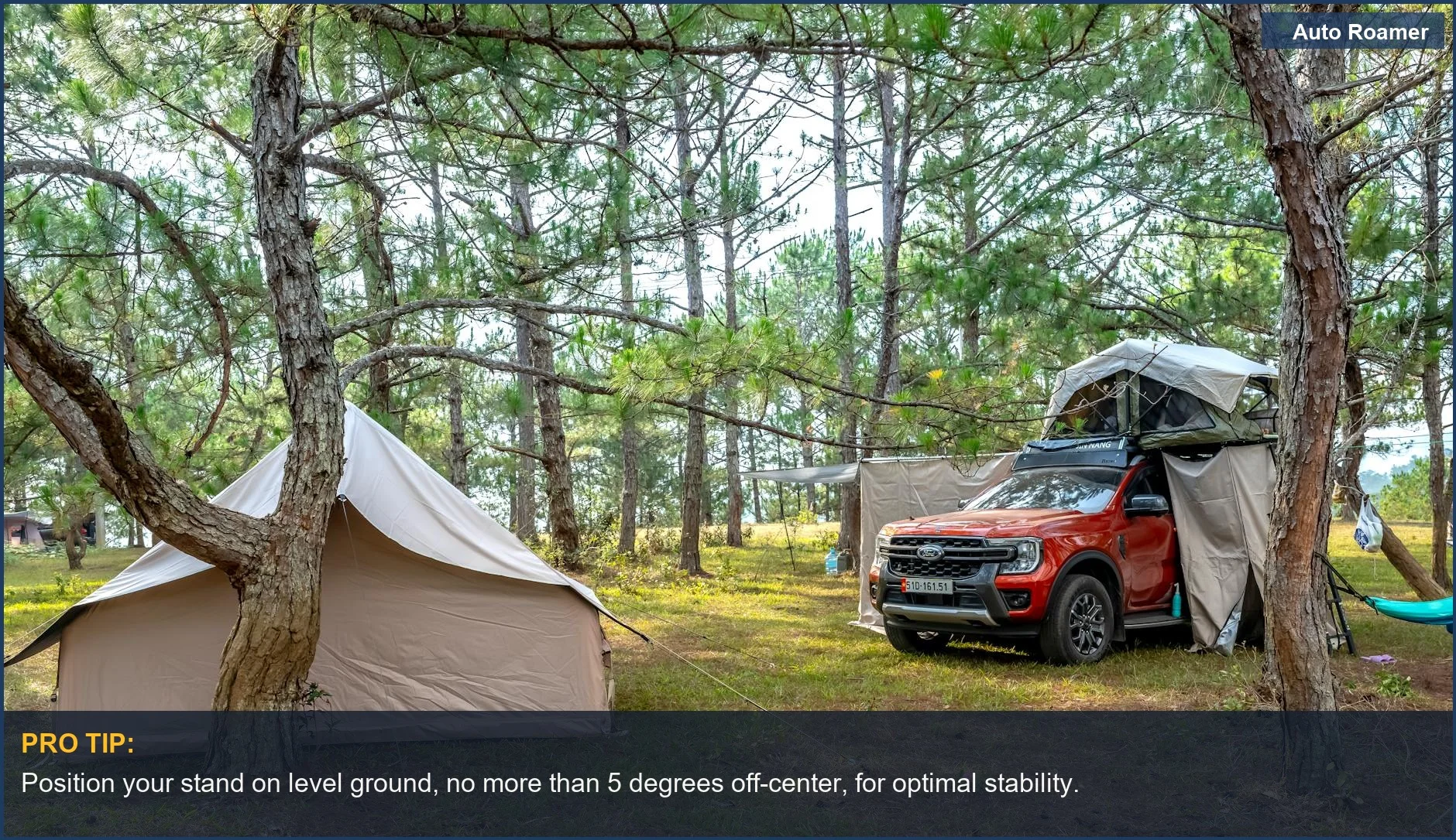 Peaceful forest camping scene featuring a tent and rooftop car tent, perfect for car camping hammock stand enthusiasts.