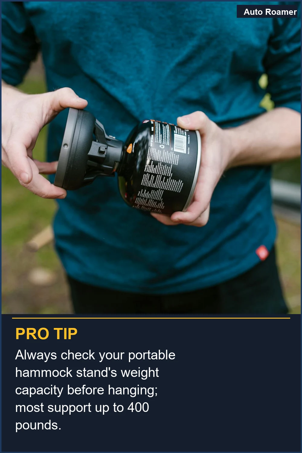 Always check your portable hammock stand's weight capacity before hanging; most support up to 400 pounds.