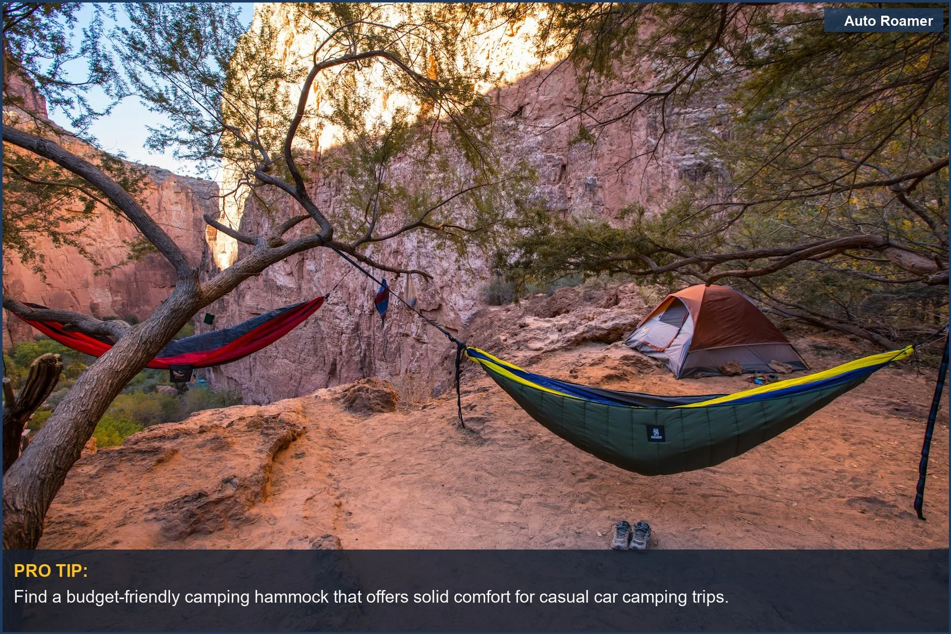 Hammocks suspended in a picturesque canyon offering a budget-friendly car camping experience.