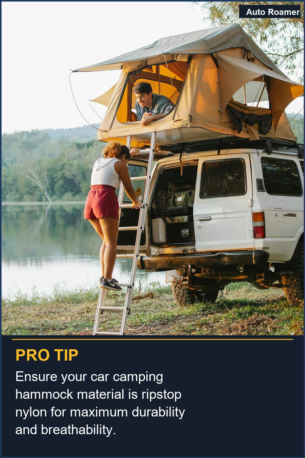Ensure your car camping hammock material is ripstop nylon for maximum durability and breathability.