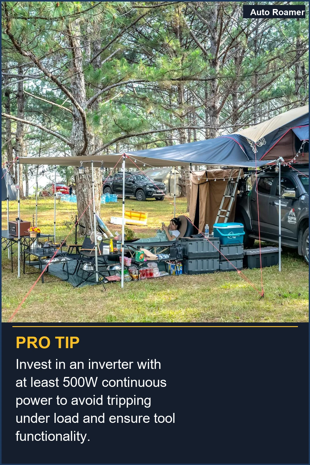 Invest in an inverter with at least 500W continuous power to avoid tripping under load and ensure tool functionality.