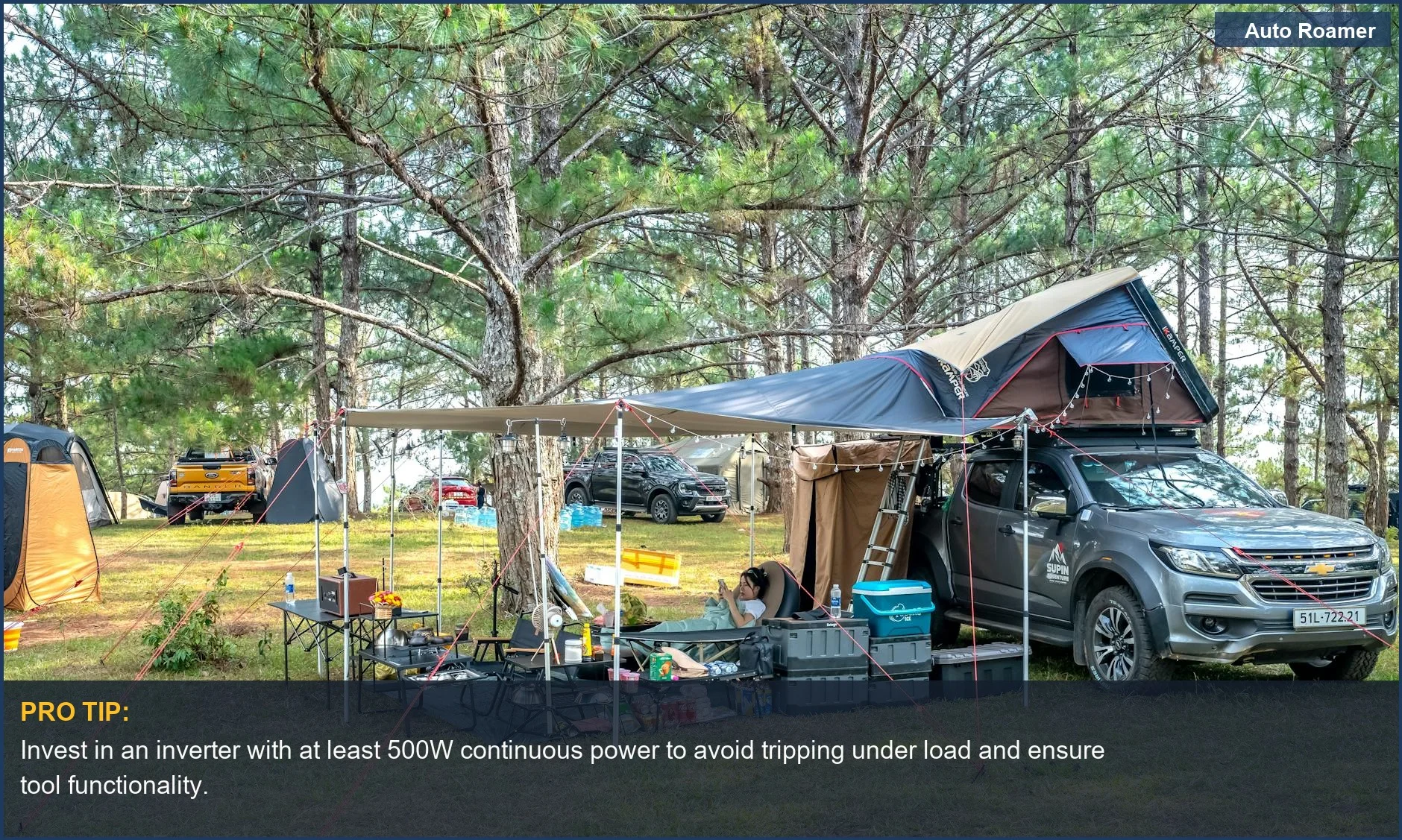 Cars and tents set up for car camping, demonstrating the need for reliable power for tools.