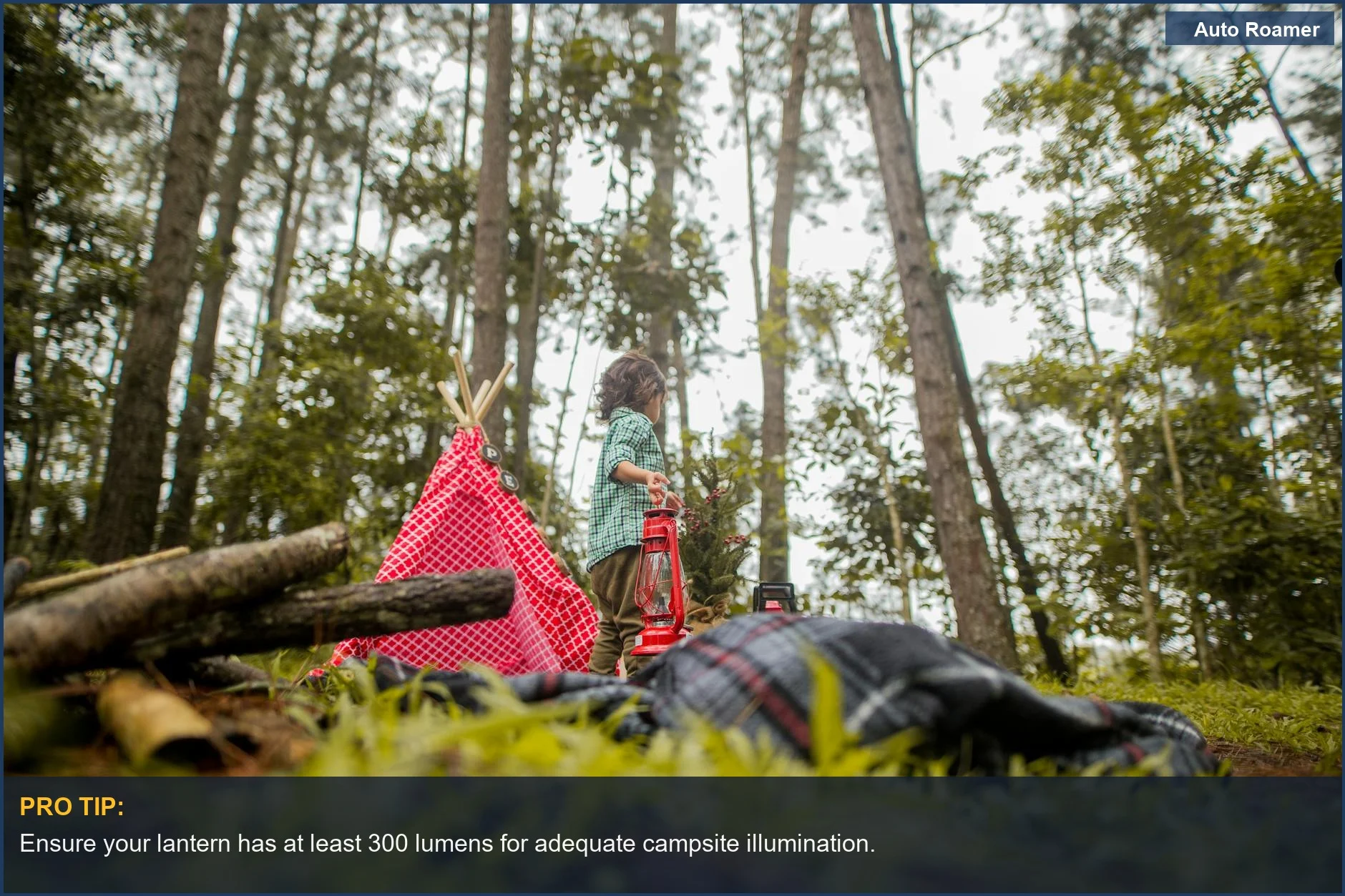 Child exploring a forest campsite at dusk with a bright car camping lantern illuminating the tent.
