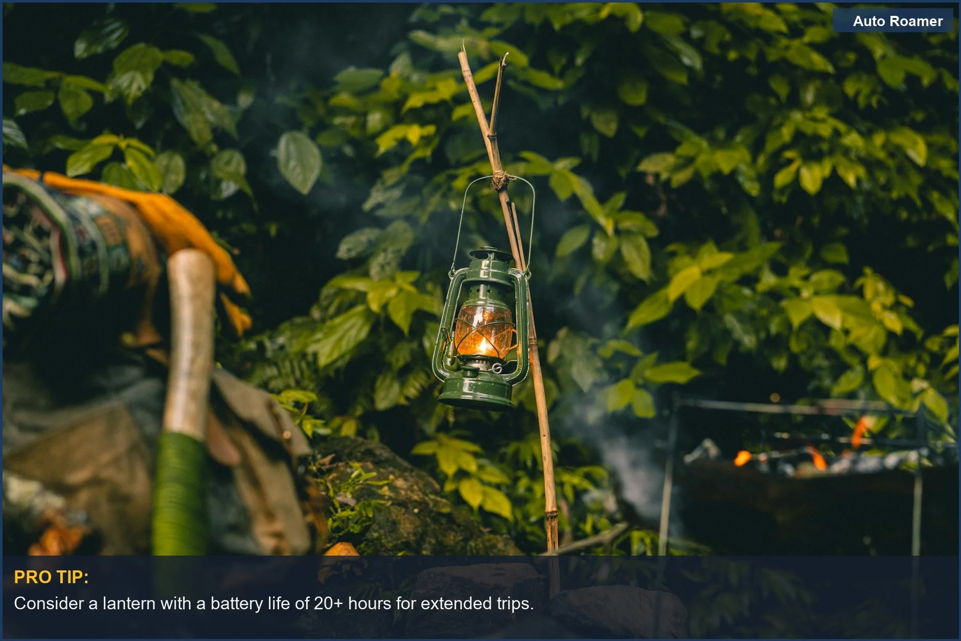 Rustic lantern hanging in lush foliage, casting warm light on camping gear.