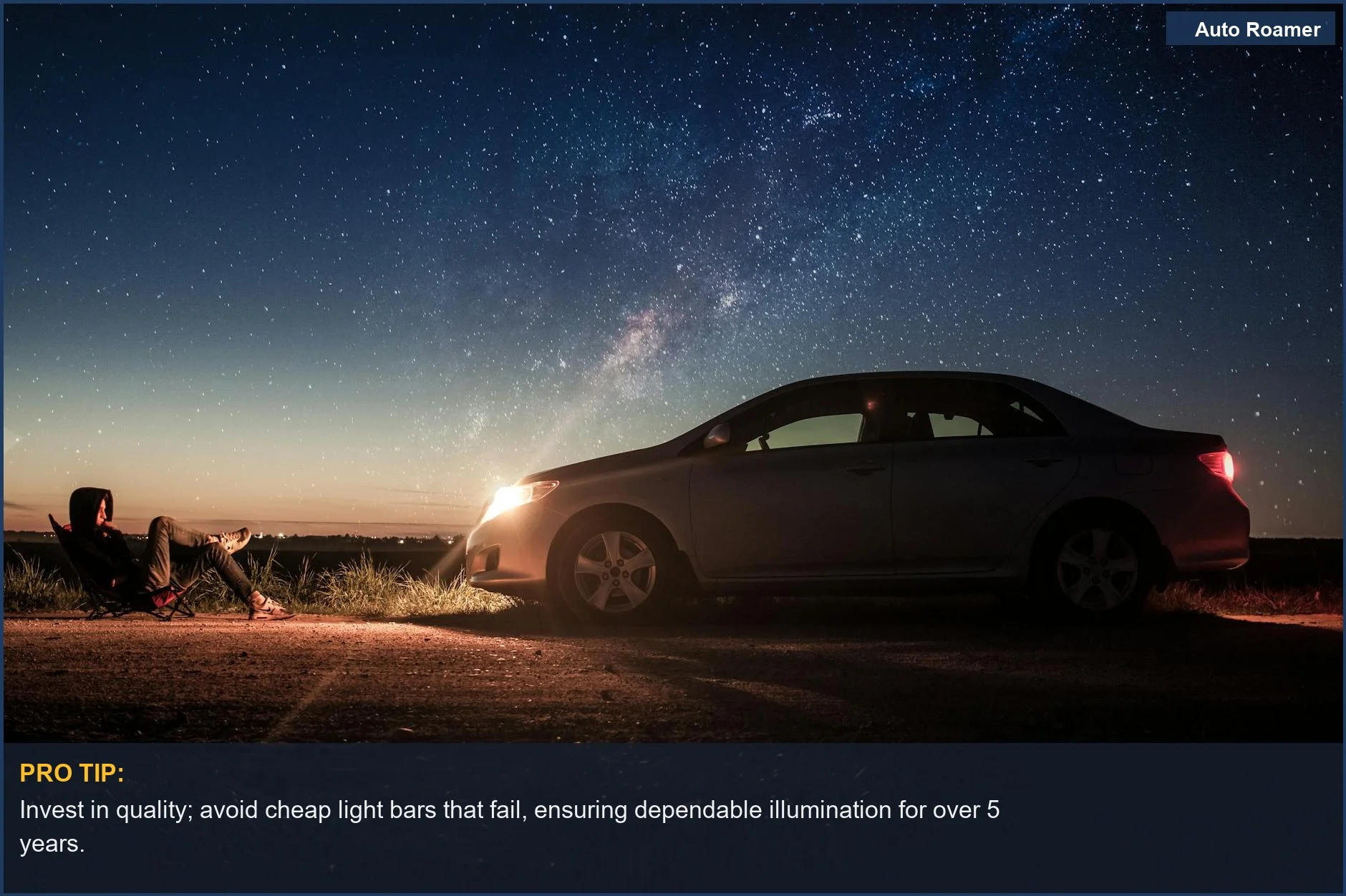 Relaxing by car under starry night, demonstrating the importance of a reliable camping LED light bar.