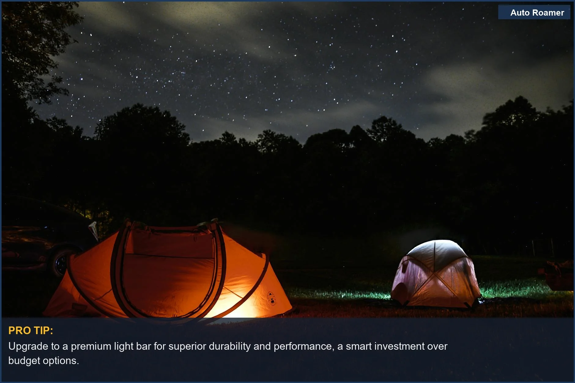 Serene night camping scene with glowing tents and starlit sky, illustrating premium car camping LED light bar quality.