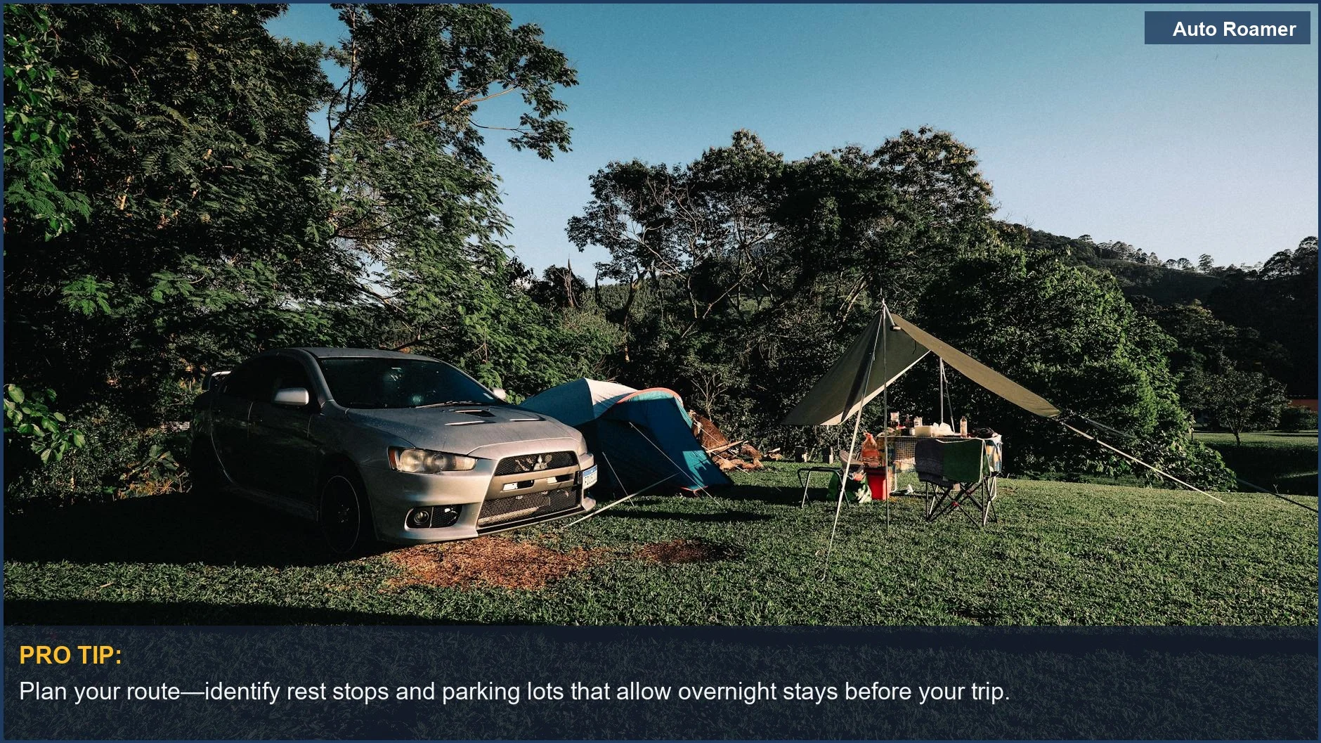 Peaceful camping scene with a parked car and tent in lush greenery, perfect for mattress comfort discussions.