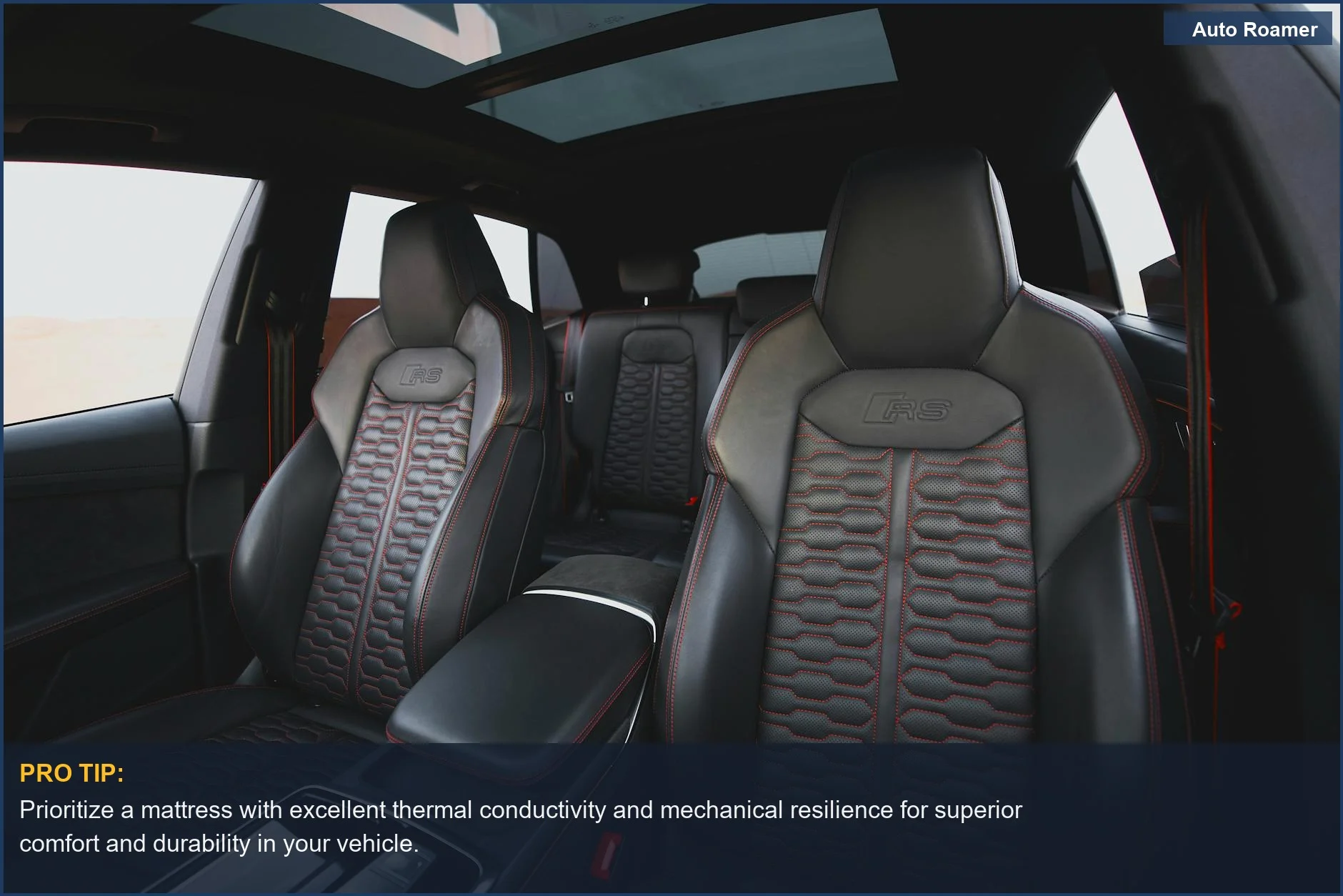 Luxurious automotive interior with leather seats and sunroof, ideal for enjoying a premium car camping mattress.