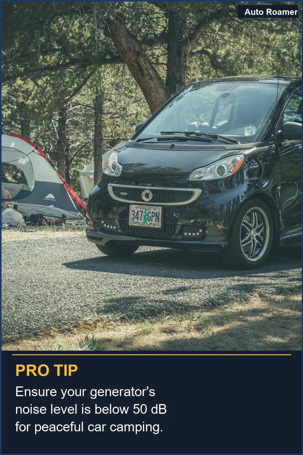 Ensure your generator's noise level is below 50 dB for peaceful car camping.