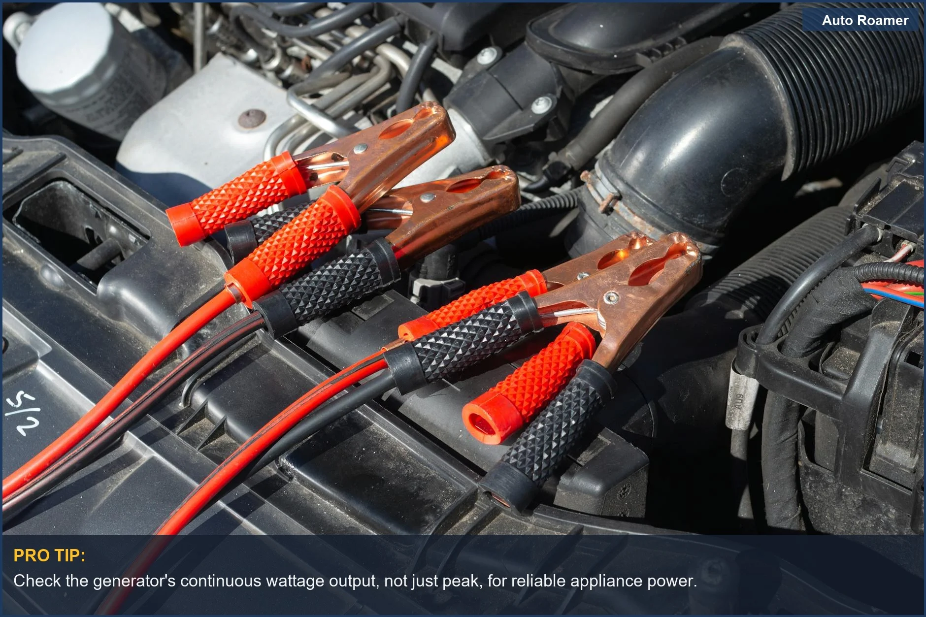 Detailed view of a car engine and jump starter cables, illustrating the robust mechanics of portable generators.