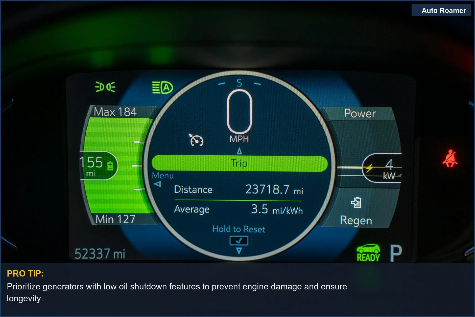 Electric vehicle dashboard displaying power metrics, showing the advanced technology in modern portable power solutions.