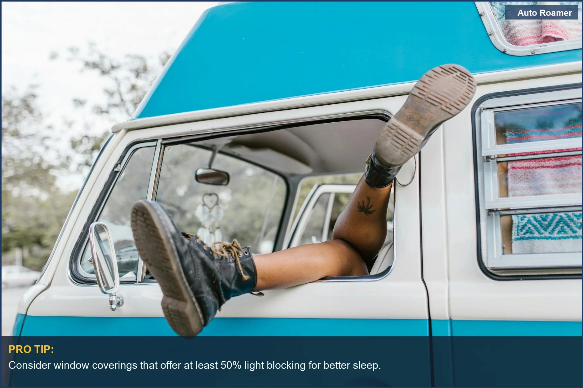 Blue camper van window with legs resting outside, showcasing a casual car camping privacy solution.