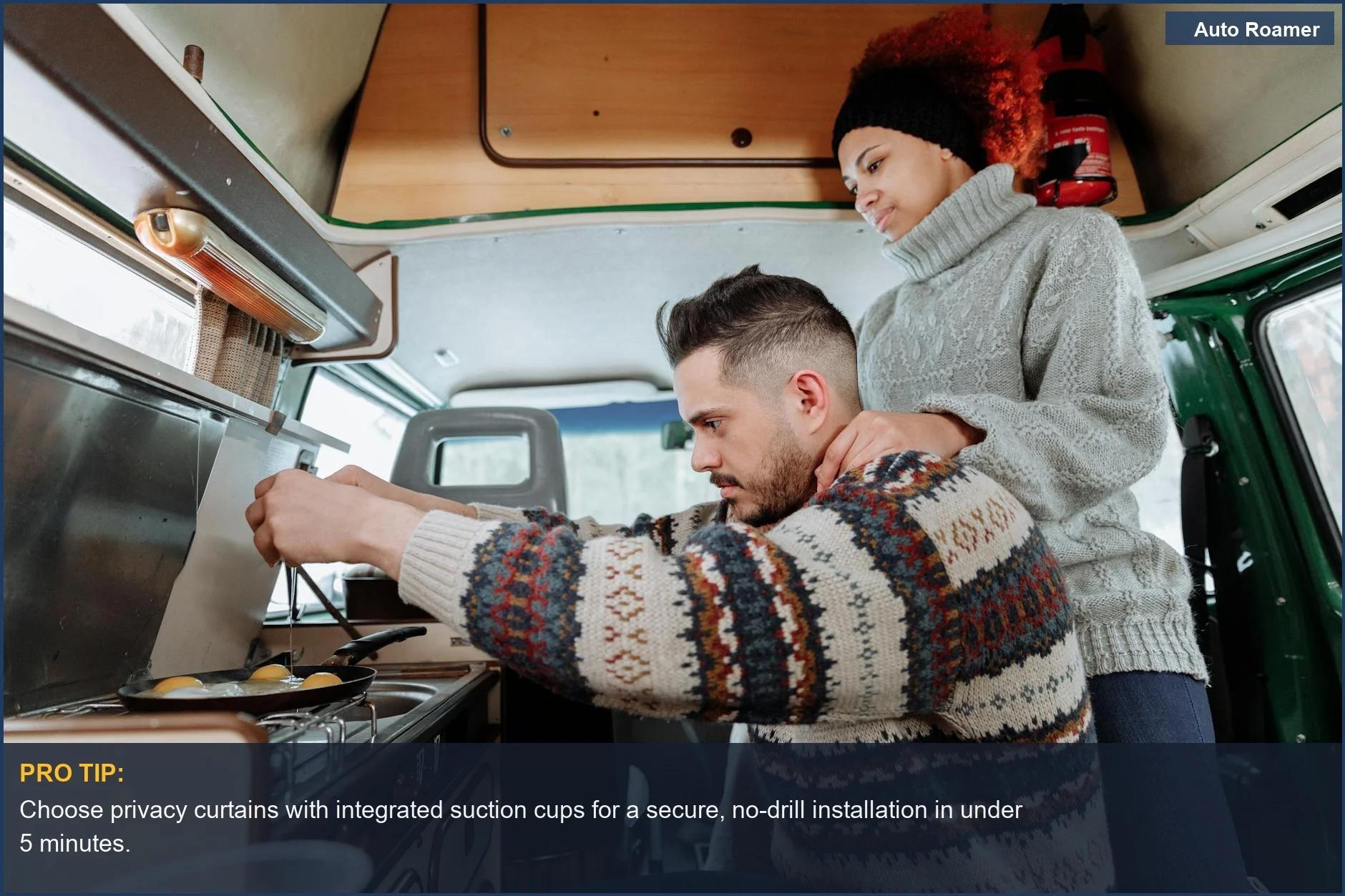 Interracial couple cooking breakfast inside a cozy camper van on a road trip adventure.