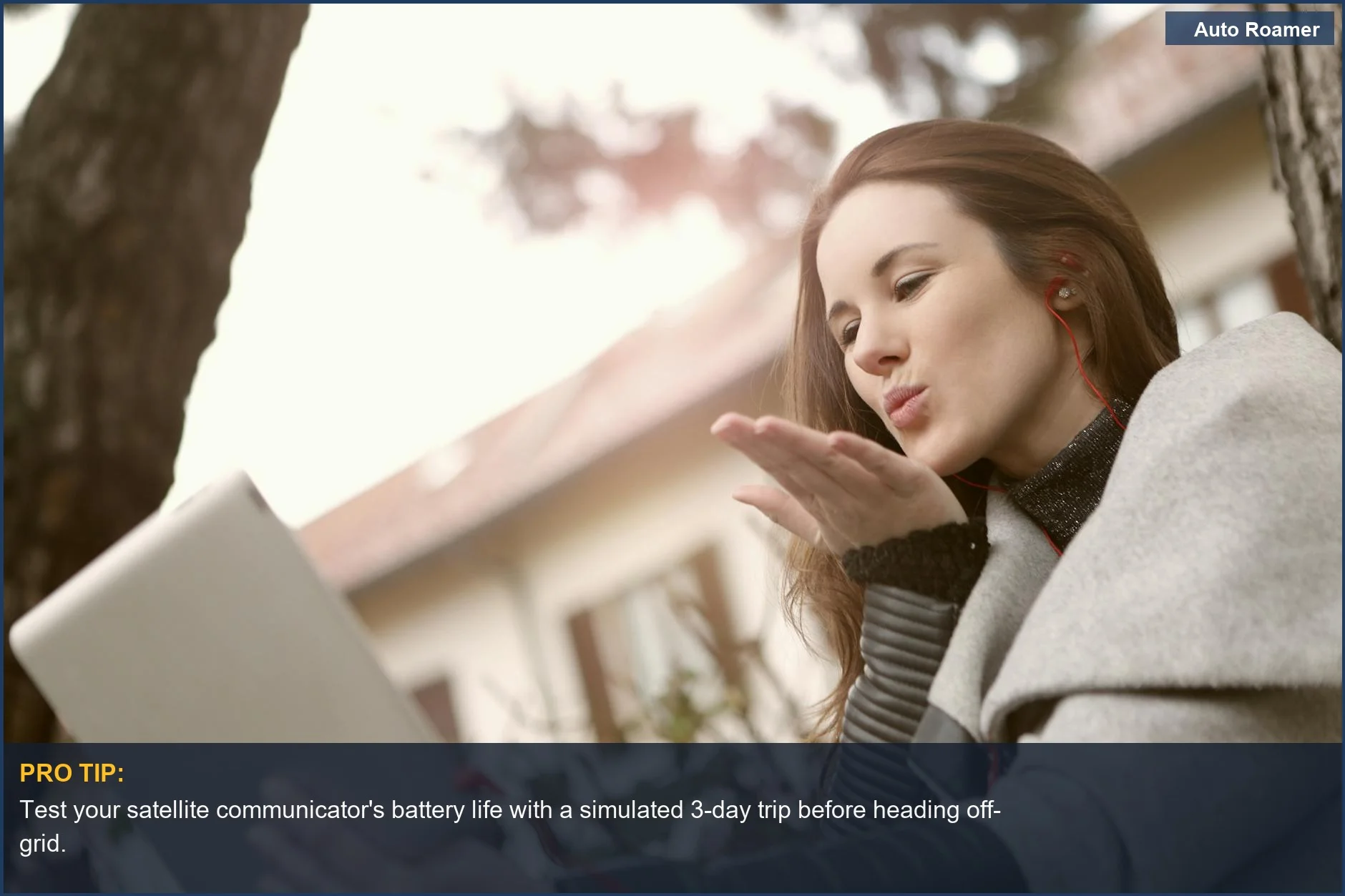 Woman enjoys a video call outdoors, showcasing the connectivity possible with a modern satellite device for adventurers.