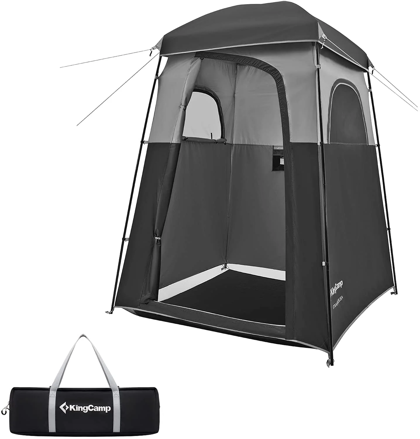 a black and grey KingCamp shower tent standing next to its black carry duffel bag with grey handles