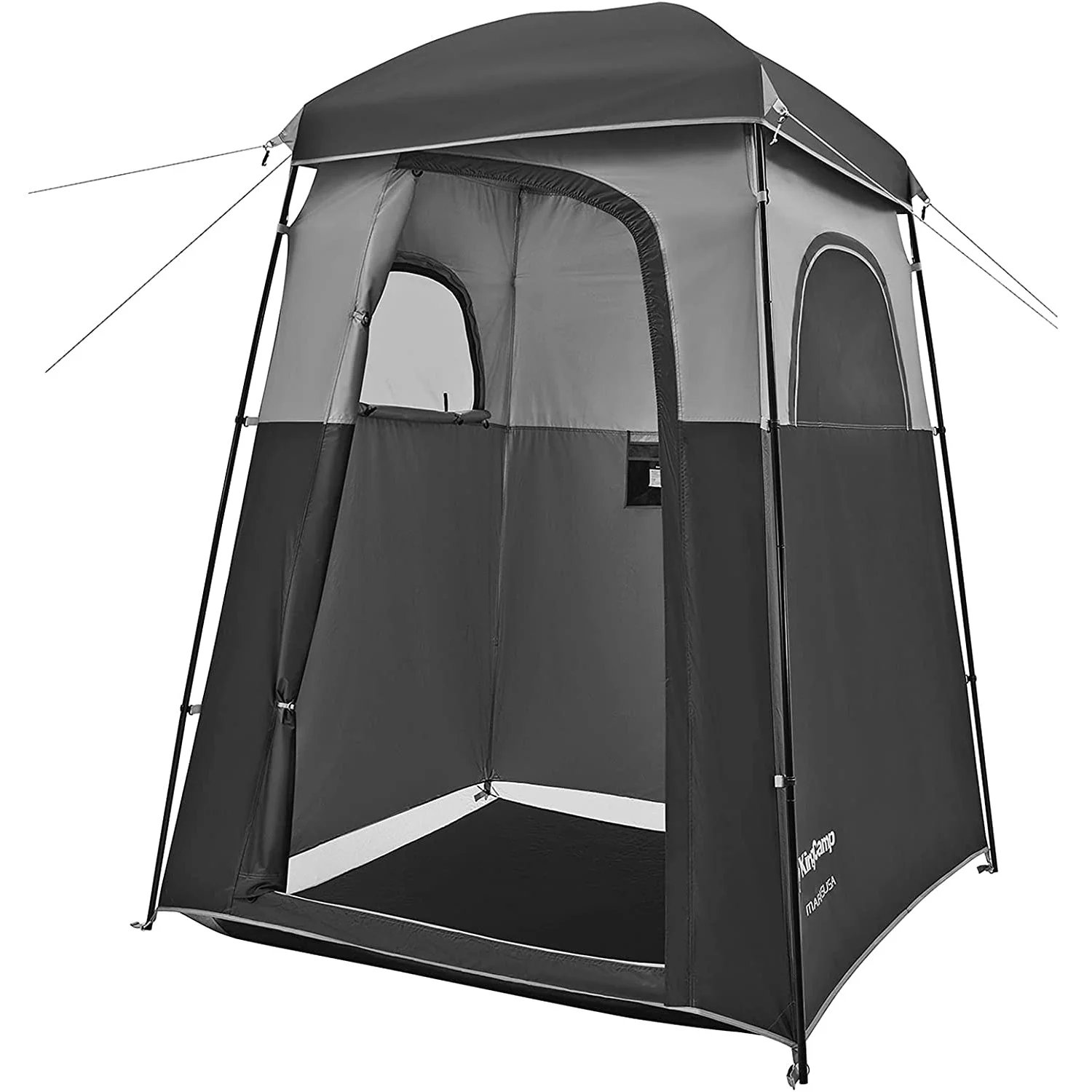 a black and grey KingCamp two-room cabin shower tent with the front doors open showing two separate compartments and mesh windows
