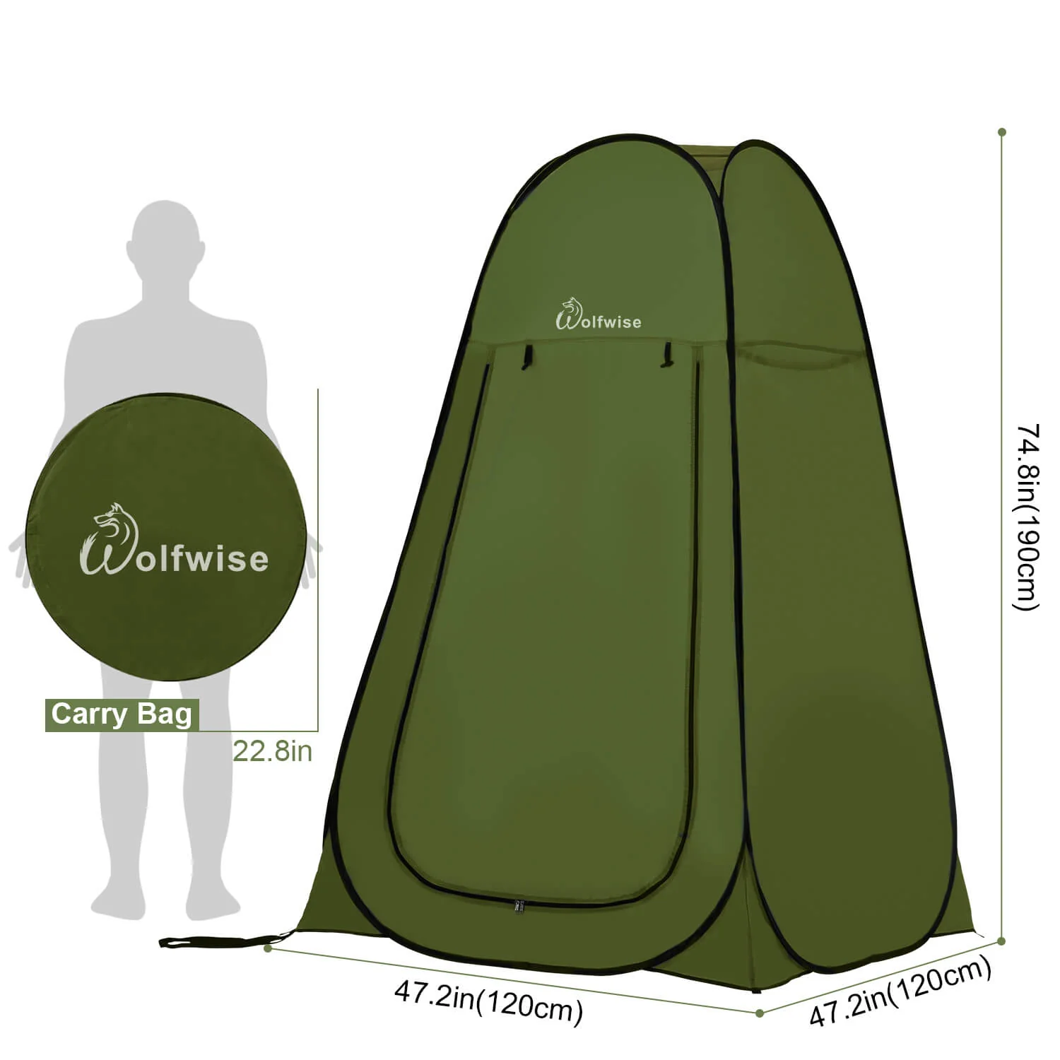 a green WolfWise pop-up shower tent shown beside a person silhouette for scale, 74.8 inches tall and 47.2 inches square, with its round carry bag