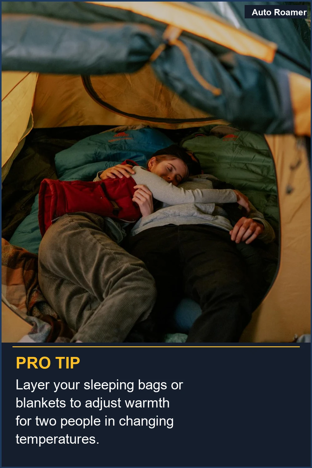 Layer your sleeping bags or blankets to adjust warmth for two people in changing temperatures.