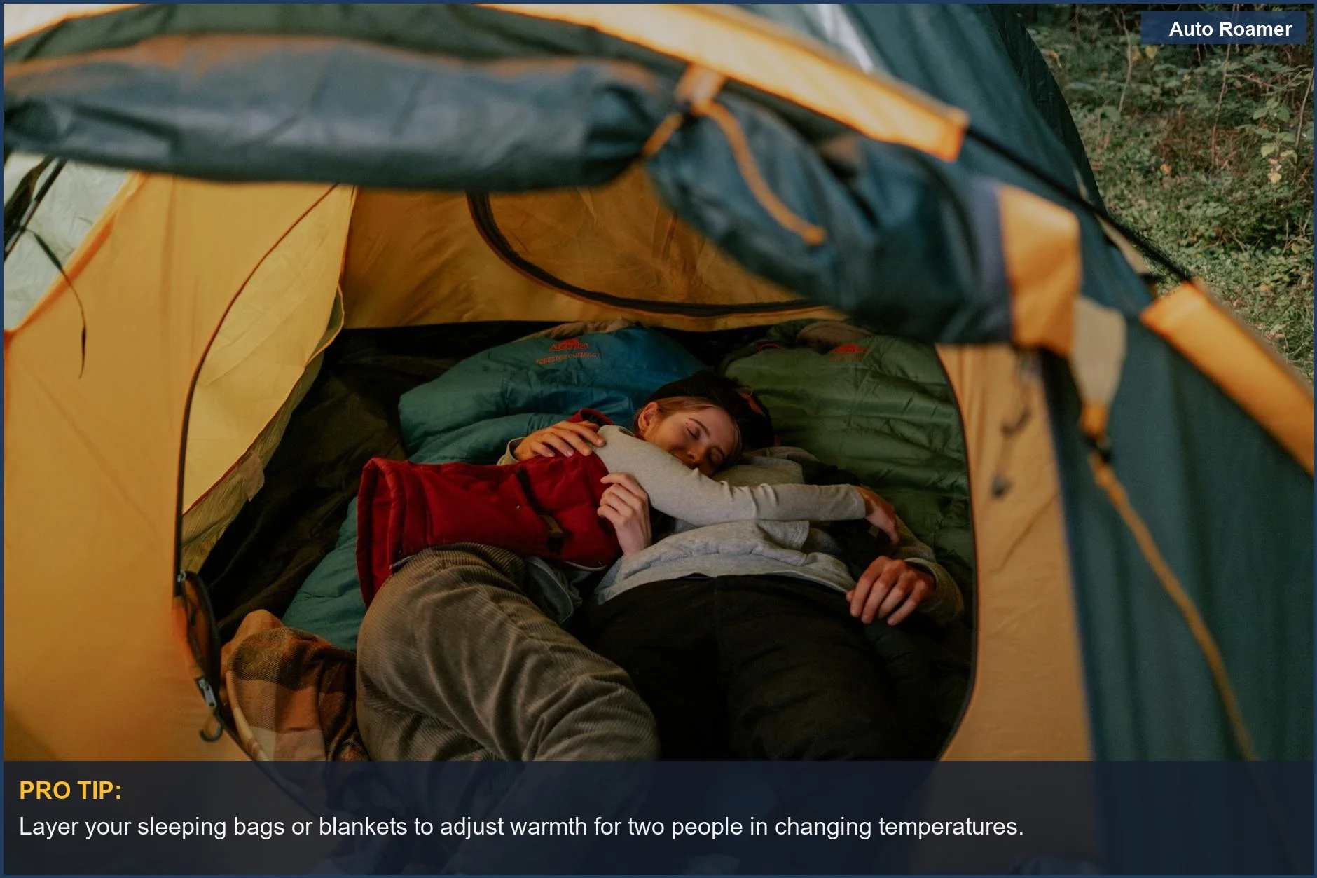 Couple cuddling inside a cozy tent, enjoying outdoor relaxation with their car camping sleep solution.