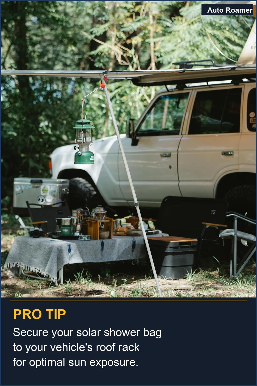 Secure your solar shower bag to your vehicle's roof rack for optimal sun exposure.
