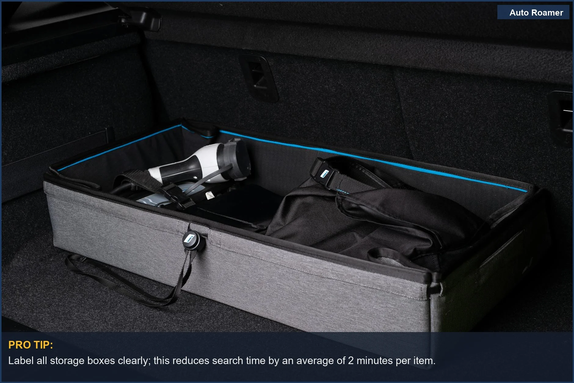 Efficient car trunk organization featuring a storage box and travel gear for optimal car camping storage.