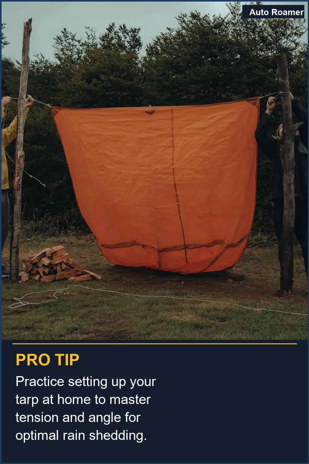 Practice setting up your tarp at home to master tension and angle for optimal rain shedding.