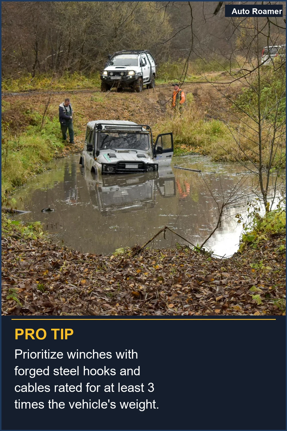 Prioritize winches with forged steel hooks and cables rated for at least 3 times the vehicle's weight.