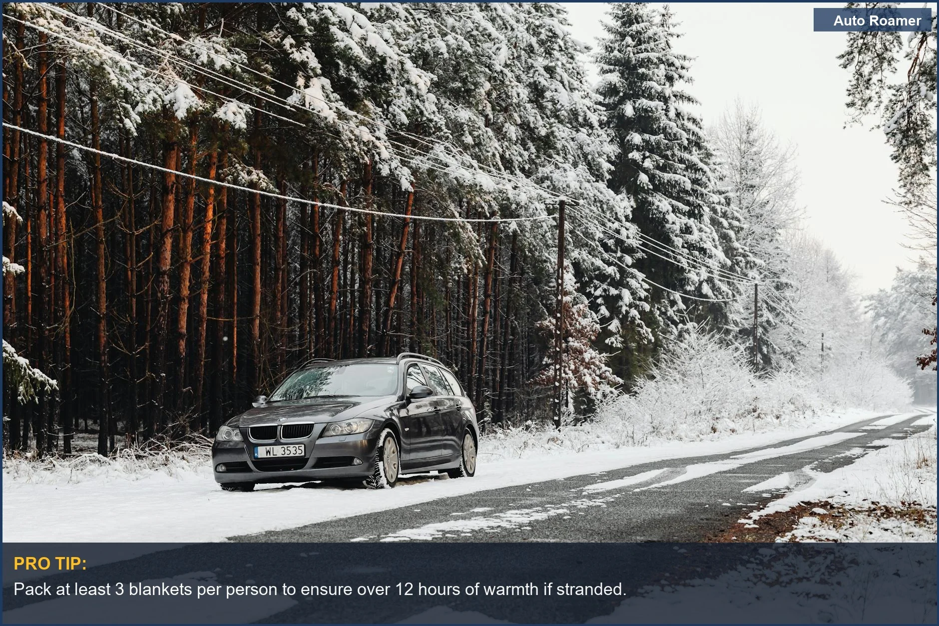 Winter car emergency kit essential--car stranded on snow-covered road near forest.