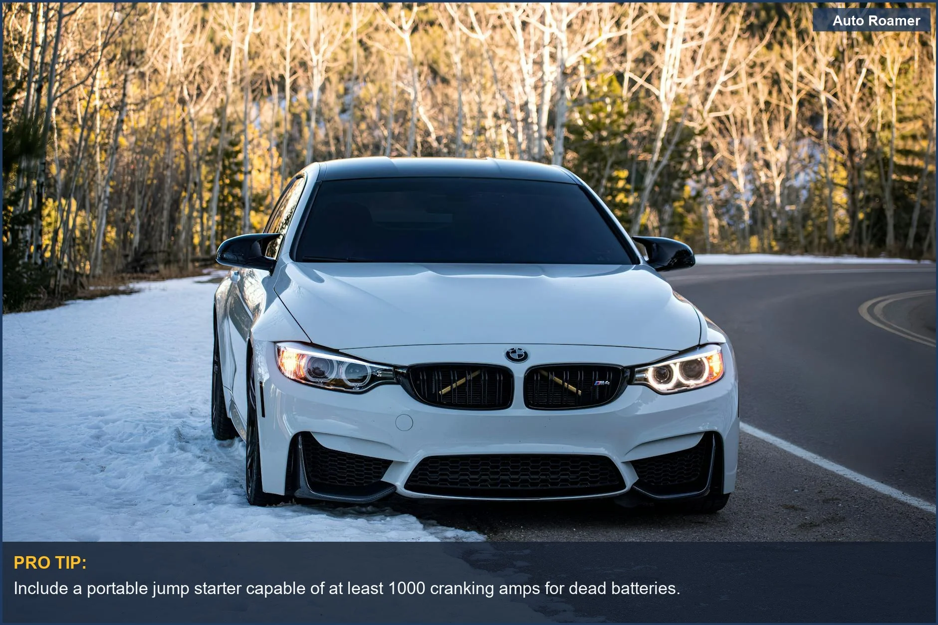 Prepare your best car emergency kit for winter driving with a modern white car on snowy road.