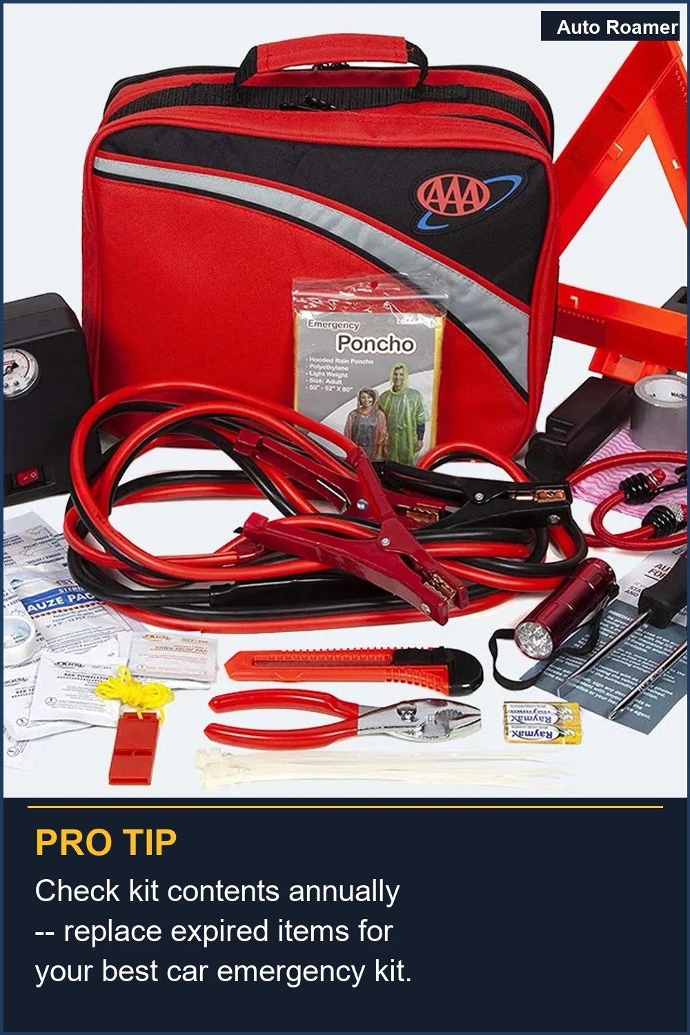 Check kit contents annually -- replace expired items for your best car emergency kit.