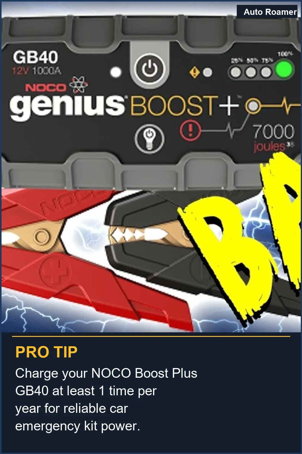 Charge your NOCO Boost Plus GB40 at least 1 time per year for reliable car emergency kit power.