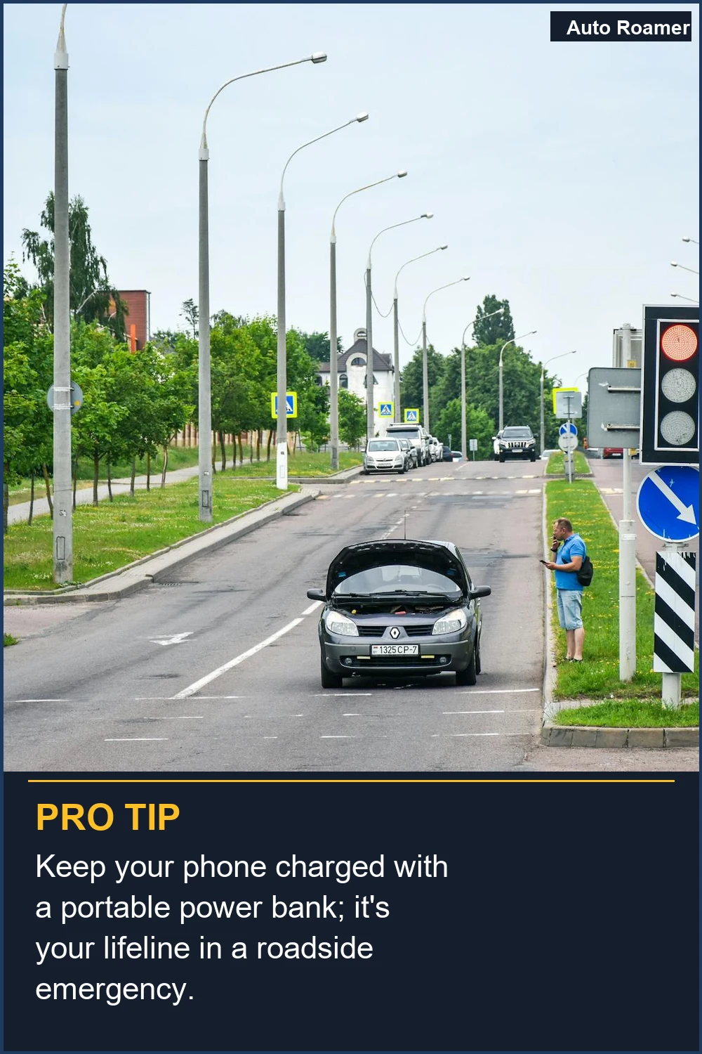 Keep your phone charged with a portable power bank; it's your lifeline in a roadside emergency.