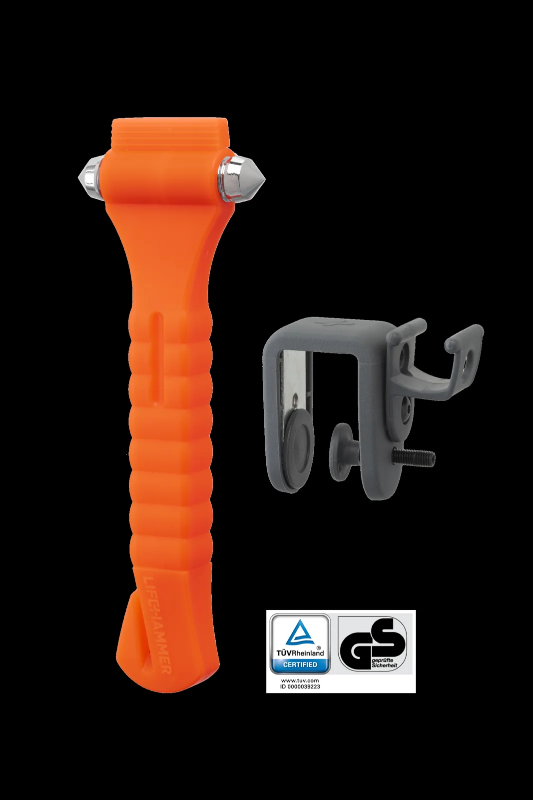 an orange LifeHammer Classic safety hammer with its dashboard mounting bracket