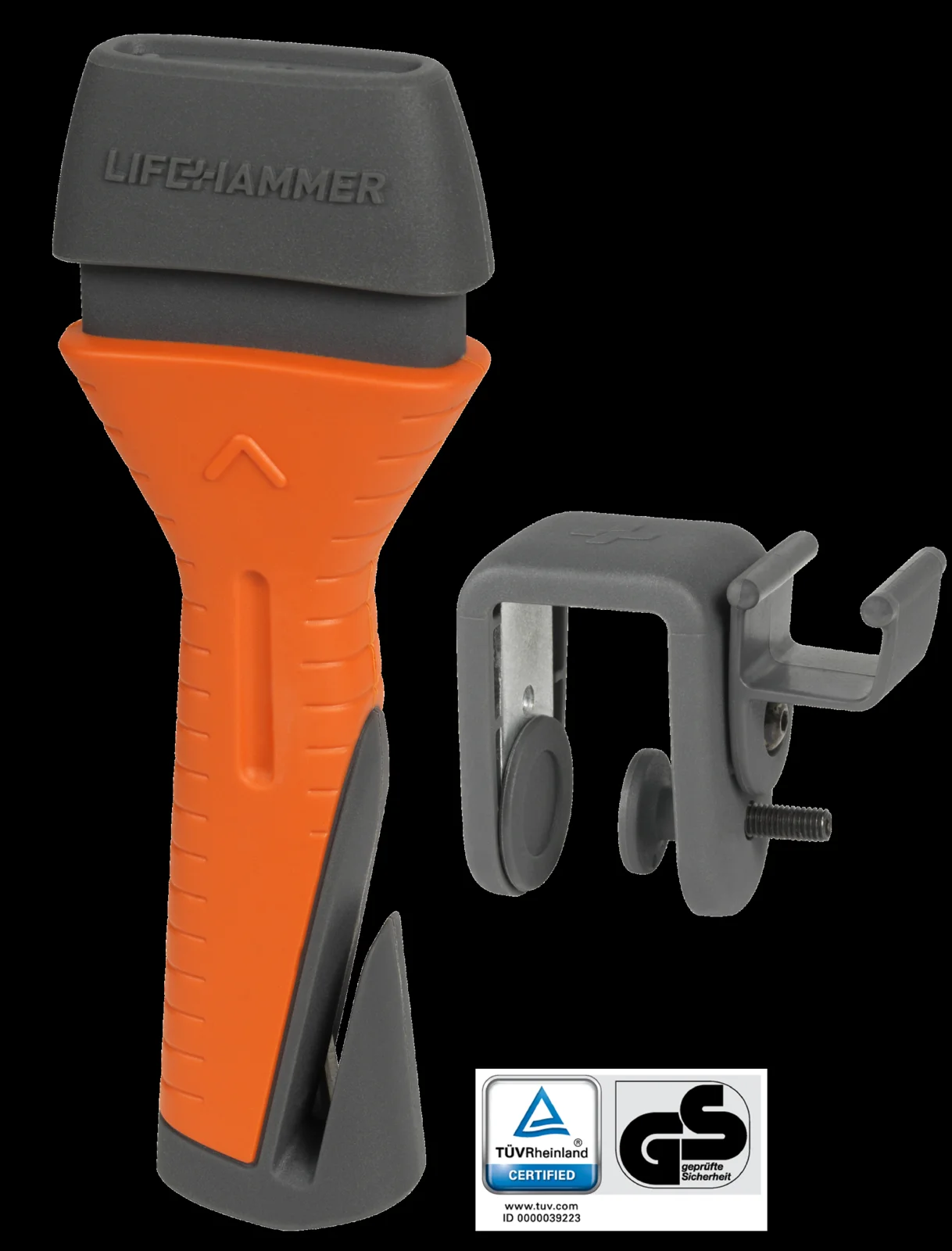 an orange LifeHammer EVO safety hammer with a spring-loaded window punch and mounting bracket