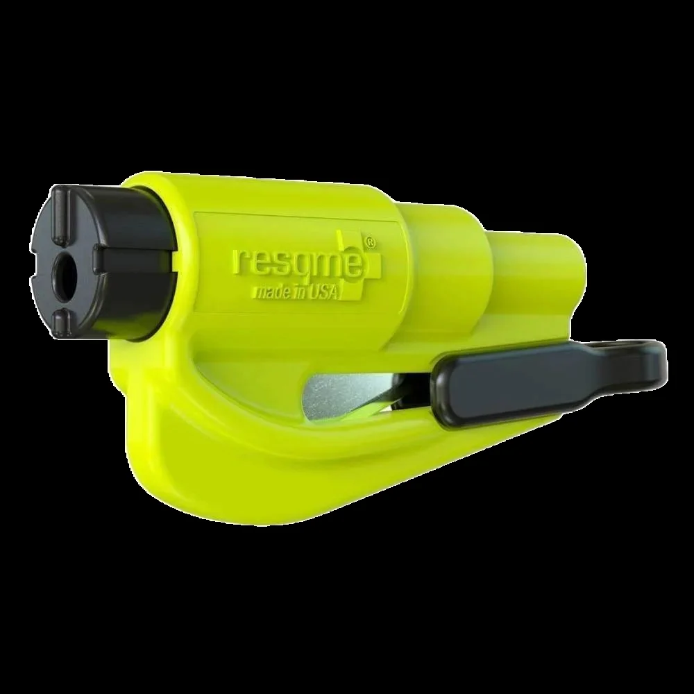 a yellow-green resqme Original 2-in-1 seatbelt cutter and spring-loaded window breaker on a keychain