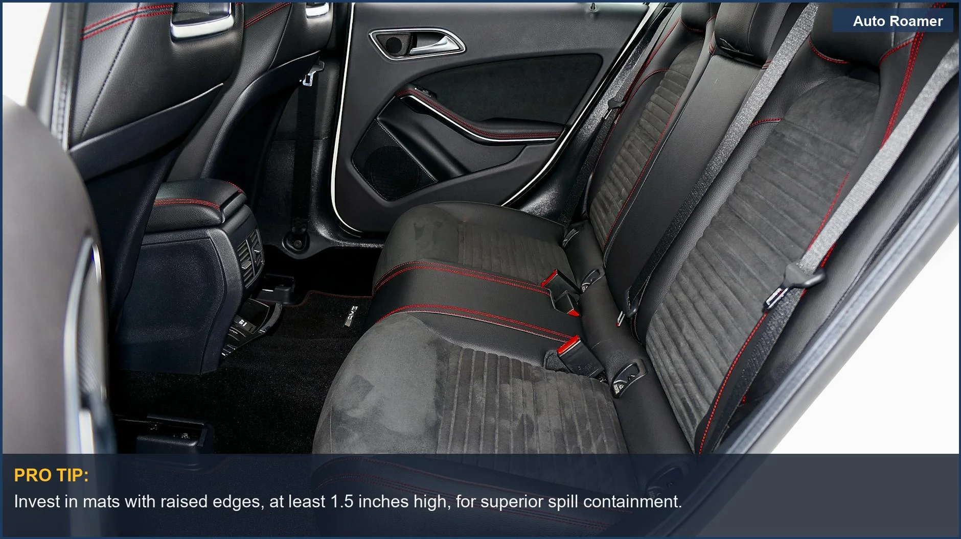 Sleek black car interior with red stitching, perfect for premium Toyota Camry floor mat selection.