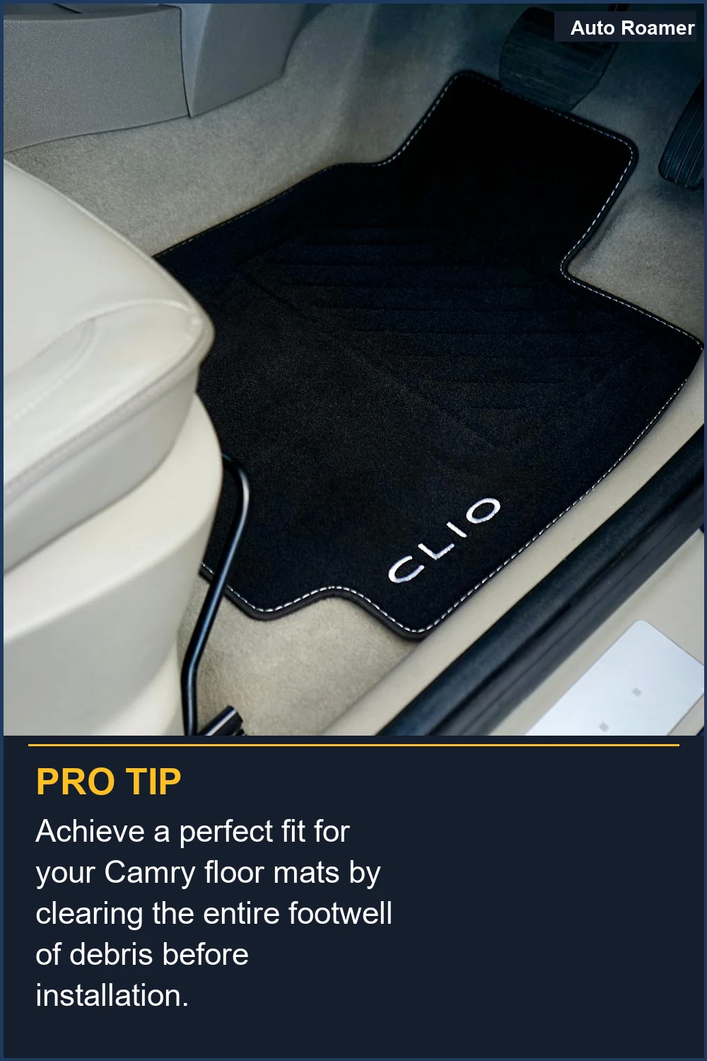 Logra un ajuste perfecto para tus alfombrillas de Camry limpiando todo el espacio para los pies de desechos antes de la instalación.