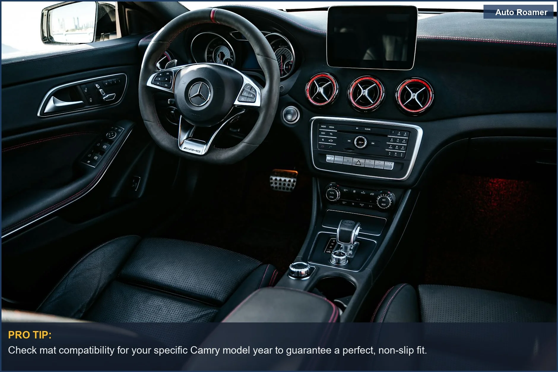 Modern black car dashboard and steering wheel, indicating advanced features for your Toyota Camry.