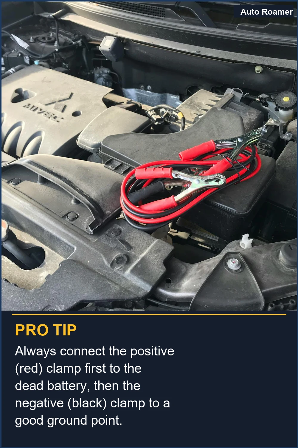 Always connect the positive (red) clamp first to the dead battery, then the negative (black) clamp to a good ground point.