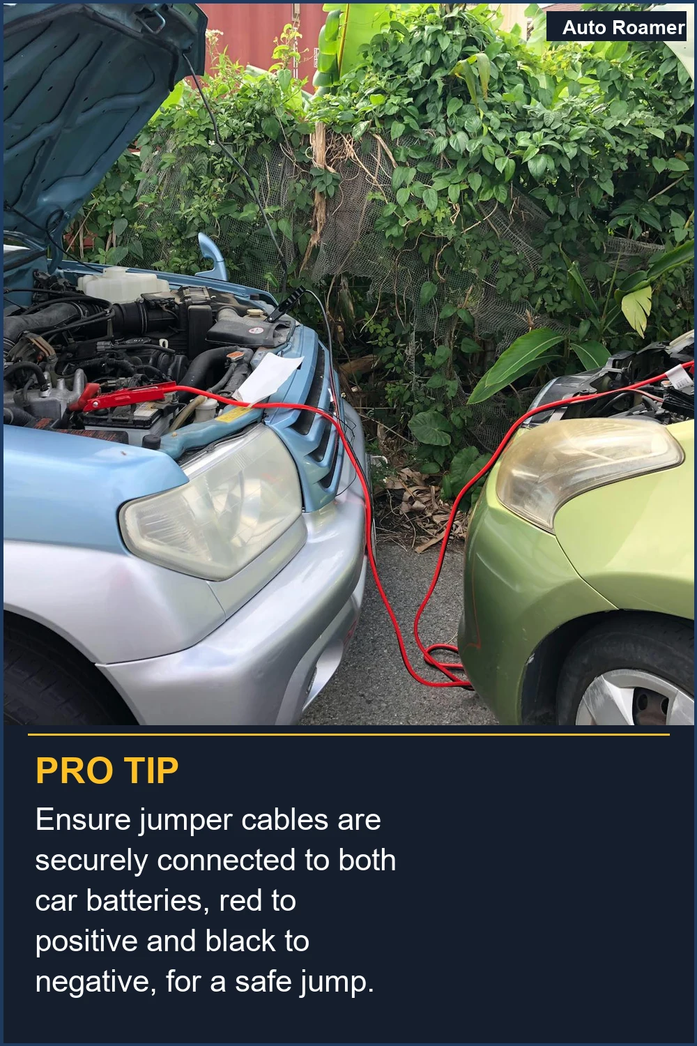 Ensure jumper cables are securely connected to both car batteries, red to positive and black to negative, for a safe jump.