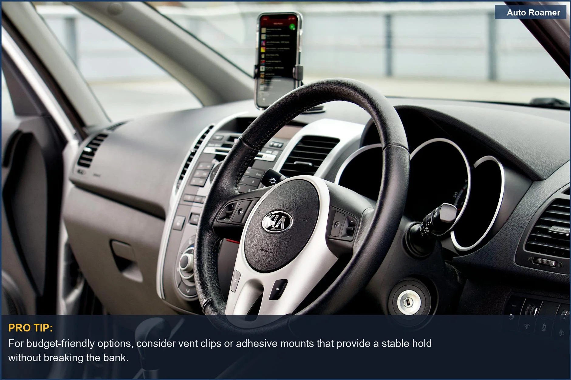 Modern Tesla Model 3 interior with a smartphone mount on the dashboard, demonstrating dashboard integration.